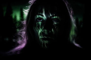 creepy illustration of woman with green glowing stripes on face created with Generative AI technology