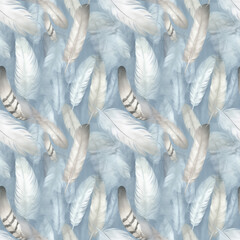 White feathers on blue background, watercolour seamless pattern Generative AI