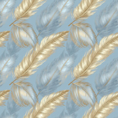 Blue and gold feathers seamless pattern Generative AI