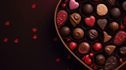Box of Chocolates Heart Shaped, Handmade Candies, Pralines Truffle, Easter and Valentine's Day Greetings background with copy space