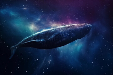 a whale floats through space around a colorful nebula, generative AI