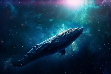 a whale floats through space around a colorful nebula, generative AI