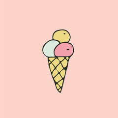 3 scoop ice cream cone, drawing style vector illustration