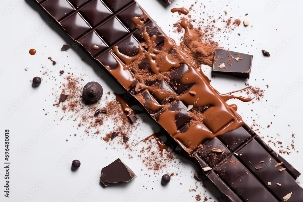 Poster decadent chocolate bar with chocolate chunks on top. generative ai