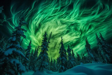 Fototapeta na wymiar green space nebula over a forest covered with snow created with Generative AI technology