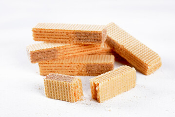 wafer filled with chocolate biscuit sweet junk food isolated on white background with space for text