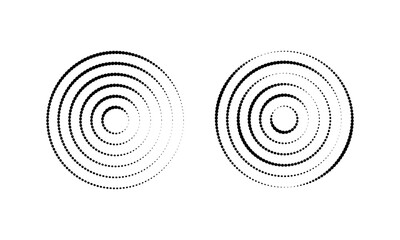 Fototapeta premium Circular ripple icons. Concentric circles with polka dot lines isolated on white background. Vortex, sonar wave, soundwave, signal signs