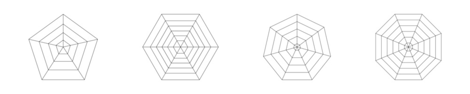Pentagon, hexagon, heptagon, octagon diagrams divided on equal segments. Radar or spider chart, wheel of life or habits tracker template isolated on white background