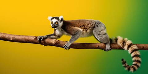 lemur forming living bridge between two branches, set against vibrant, solid-color backdrop, showcasing its agility and balance, concept of Animal adaptation, created with Generative AI technology - obrazy, fototapety, plakaty
