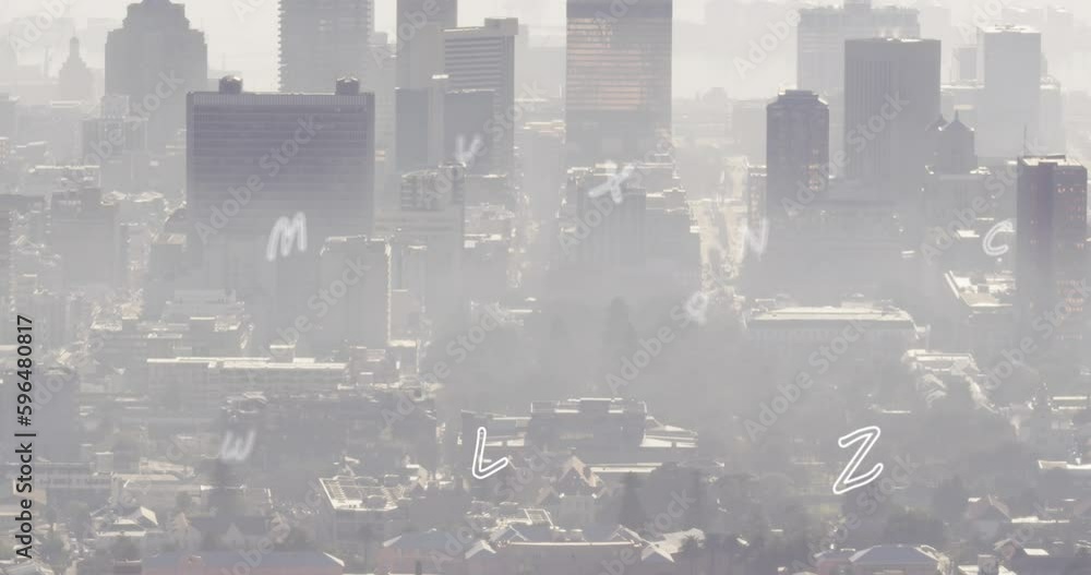 Poster animation of letters and data processing over cityscape