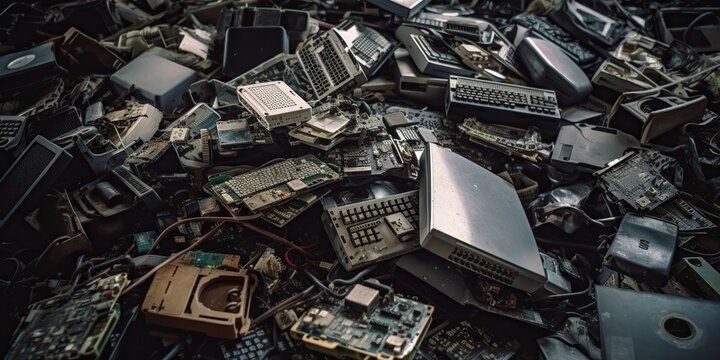 A pile of discarded electronics, highlighting the increasing problem of e-waste and its environmental impact, concept of Circular economy, created with Generative AI technology