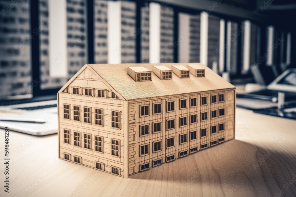 Poster miniature building displayed on a tabletop. generative ai