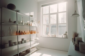 A bright white room with a shelf and window, illuminated by a central light. Generative AI