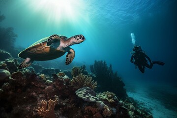 A diver and marine animals among coral near a reef underwater. Generative AI