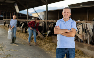 Obraz premium Portrait of confident mature male farmer posing in cowshed at dairy farm on summer day