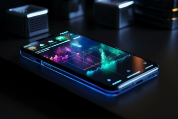 A holographic projection of a bar graph displayed on a smartphone screen. Generative AI