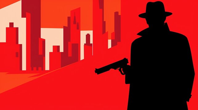 A spy thriller set during the Cold War, featuring a stylized silhouette of a man in a trench coat holding a gun against a backdrop of stark, geometric shapes and bold, red typography.