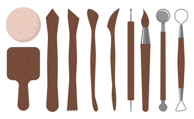 Set of modern pottery tools. Collection of wooden tools for clay sculpture making . Art studio equipment. Craft hobby elements. Vector illustration in flat style isolated background