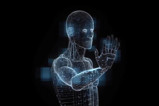 Hologram robot with hands in stop gesture on dark background. Generative AI