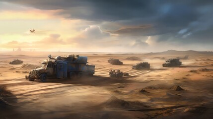 Illustrate a group of scavengers driving their heavily modified vehicles through a treacherous desert landscape, searching for precious resources.