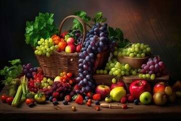 Naklejka na ściany i meble colorful basket filled with fresh fruits and vegetables. Generative AI