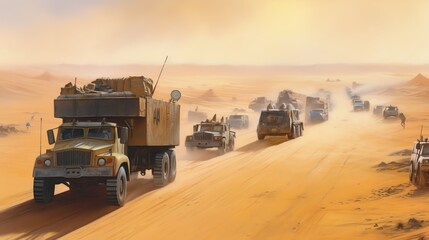 dangerous convoy of heavily armored trucks, each with its own Fury Road car escort, racing through the desert to deliver vital supplies to a nearby settlement. - obrazy, fototapety, plakaty