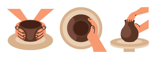 Pottery studio, workshop, class. A potter hands sculpts a clay pot on a potter's wheel. Vector illustration set isolated on white background