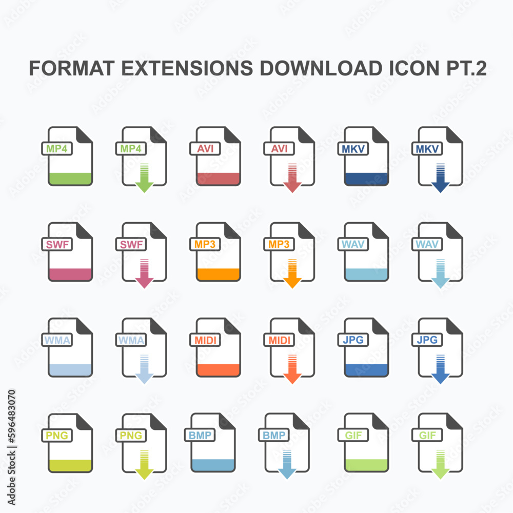 Aufkleber set of multimedia format extension download icon - icon for web and graphics design.