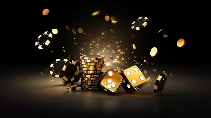 Casino background with flying chips, golden coins and dice. Generative AI - obrazy, fototapety, plakaty