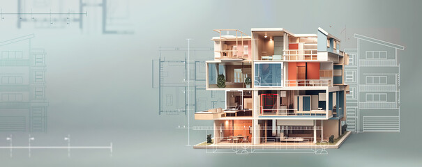 modern generic contemporary style miniature section model of residential building with blueprint elevations cad details as wide banner with copyspace area for text - Generative AI