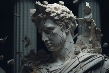 Broken ancient greek statue head falling in pieces. Generative AI
