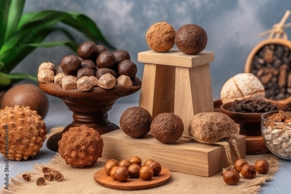 Poster assorted nuts and shells on a table for use in cooking or snacking. generative ai