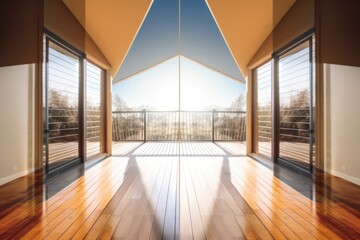 an Empty Room with Wooden Flooring and Large Windows. Generative AI