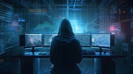Hooded computer hacker in cybersecurity vulnerability Log4J on server room background. Generative AI.