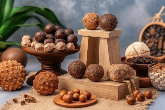 assorted nuts and shells on a table for use in cooking or snacking. Generative AI