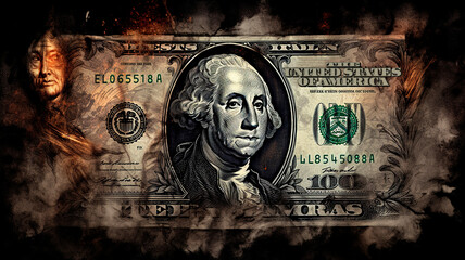 Hundred dollar bill burning in close-up over black background, Burning fire money, fiat Inflation concept - obrazy, fototapety, plakaty
