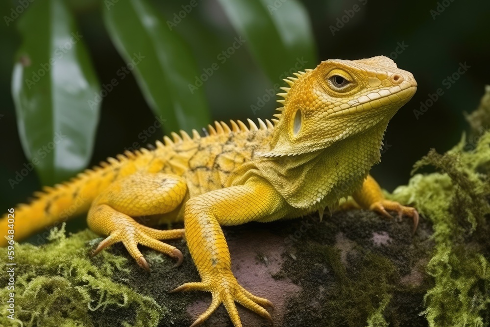 Poster close-up view of a lizard perched on a tree branch. generative ai
