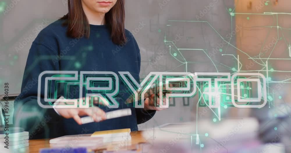 Aufkleber animation of crypto text and data processing over caucasian woman using smartphone