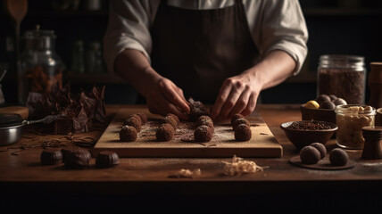 Confectioner Handcrafting Intricate Chocolate Designs, Chef creating handmade chocolates sweets, hands close-up, candy shop concept