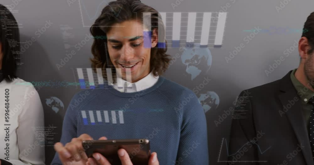 Poster animation of financial data processing over caucasian man using smartphone
