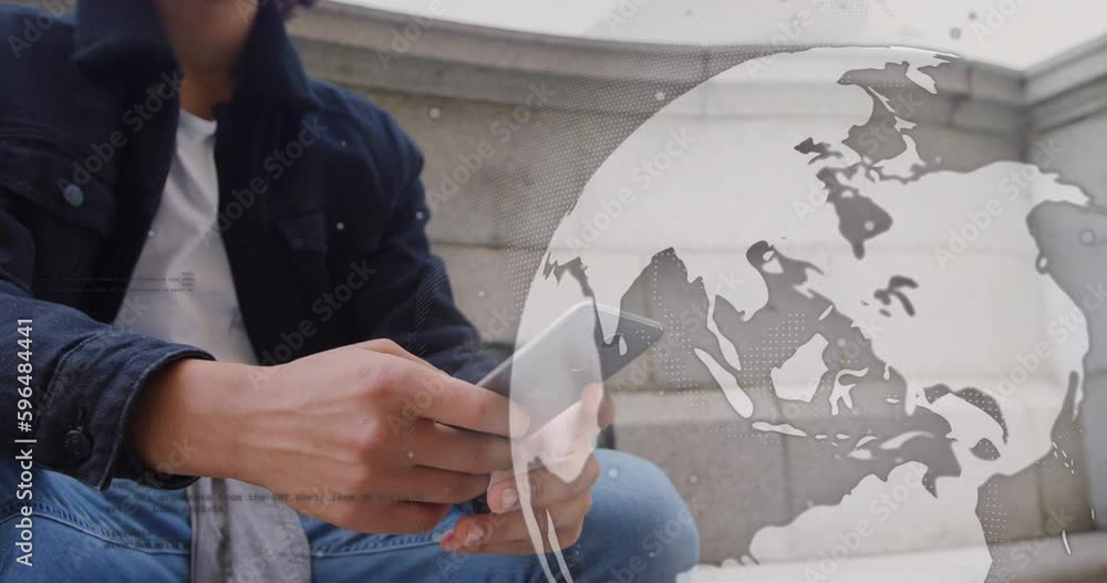 Poster animation of globe and data processing over caucasian man using smartphone