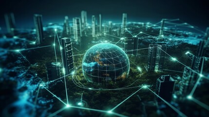 Fototapeta premium Illustration of a futuristic metropolis with a prominent globe structure at its center created with Generative AI technology