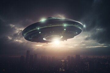 Emblem of a UFO alien spaceship soaring through the air. Generative AI