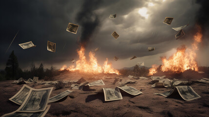 Dollar bills burning and falling over night sky background, Burning money on fire, fiat Inflation concept