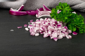 Red Onion Cuts, Raw Purple Onion Slices, Chopped Purple Onion Pieces on Black