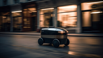 Obraz na płótnie Canvas High-speed delivery robot on the street, motion blur, created with generative AI technology
