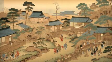 This Japanese old painting depicts a bustling feudal cityscape, where samurai warriors clad in ornate armor roam the streets with graceful strides, showcasing the hierarchical structure of feudalism