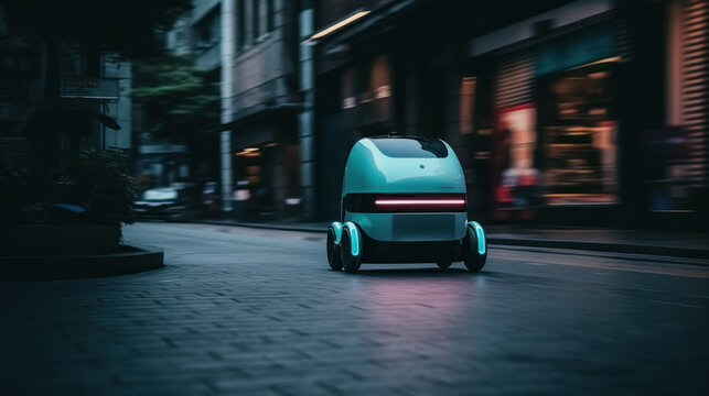 High-speed delivery robot on the street, motion blur, created with generative AI technology
