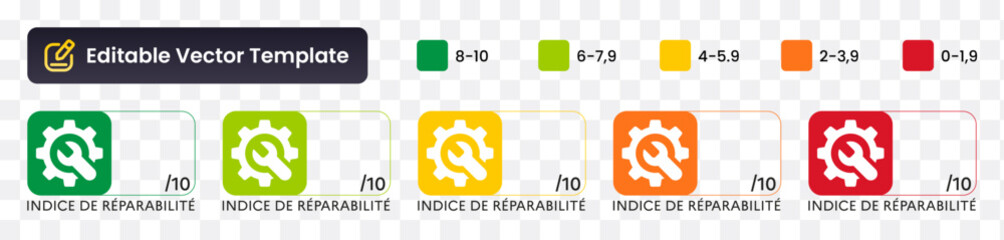Indice de réparabilité logo vecteur set template. Symboles Indice de reparabilite avec texte éditable. Icônes indice de reparabilité des appareils. Logos isolés sur fond, en français.