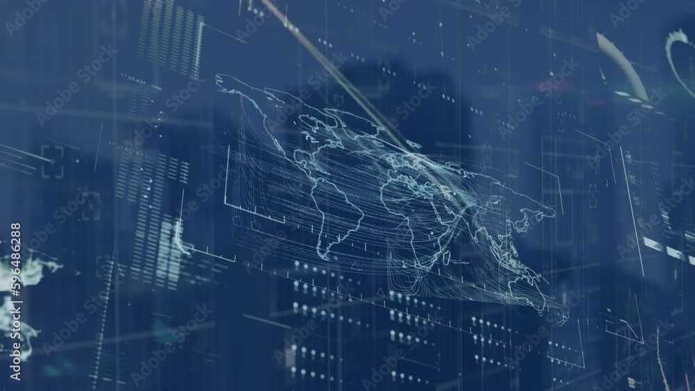 Poster animation of data processing and world map over cityscape